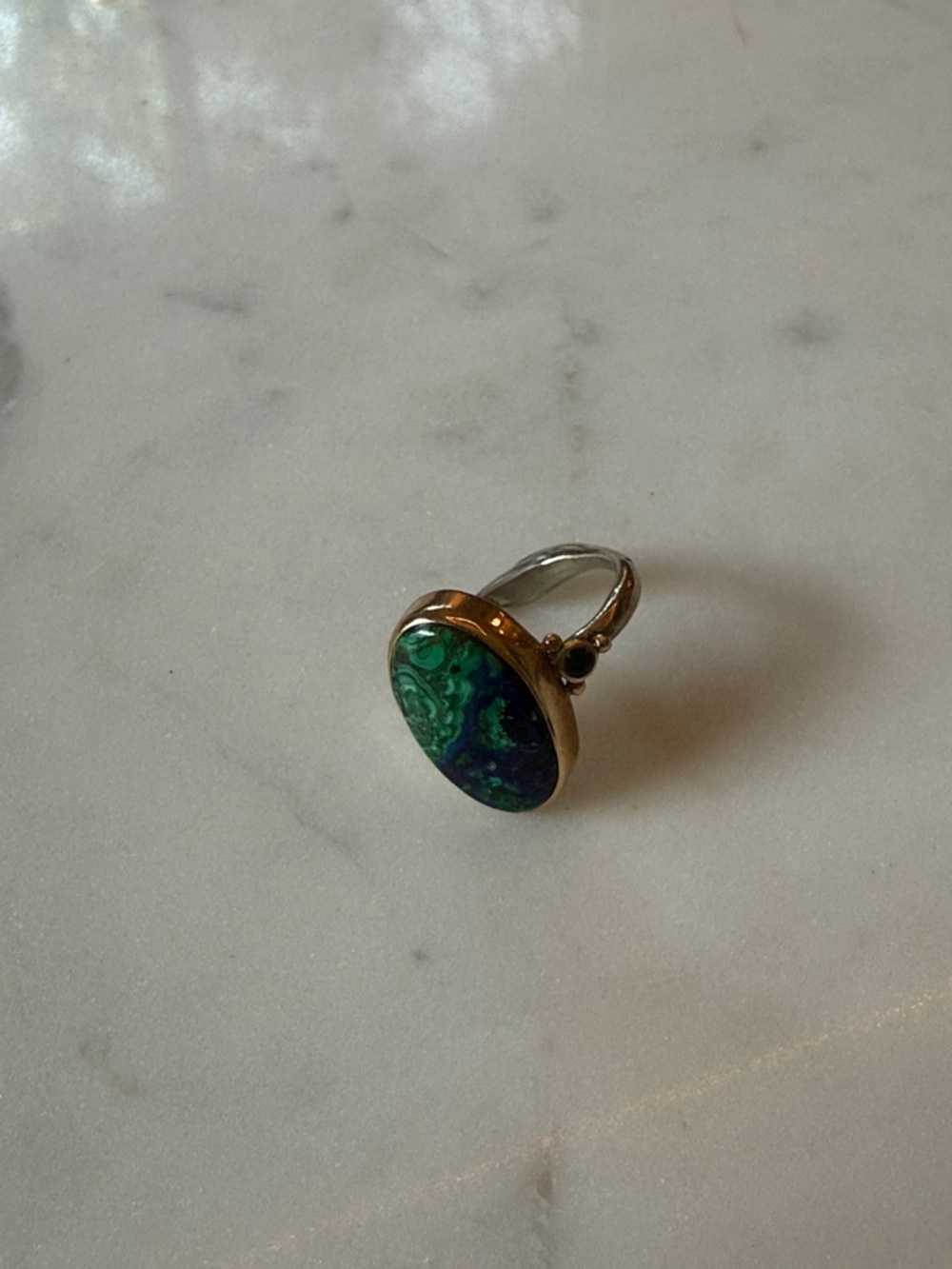 Emily Amey 14K Gold and Silver Azurite Malachite Ring w/ Tsavorite Garnets - Picture 2 of 4